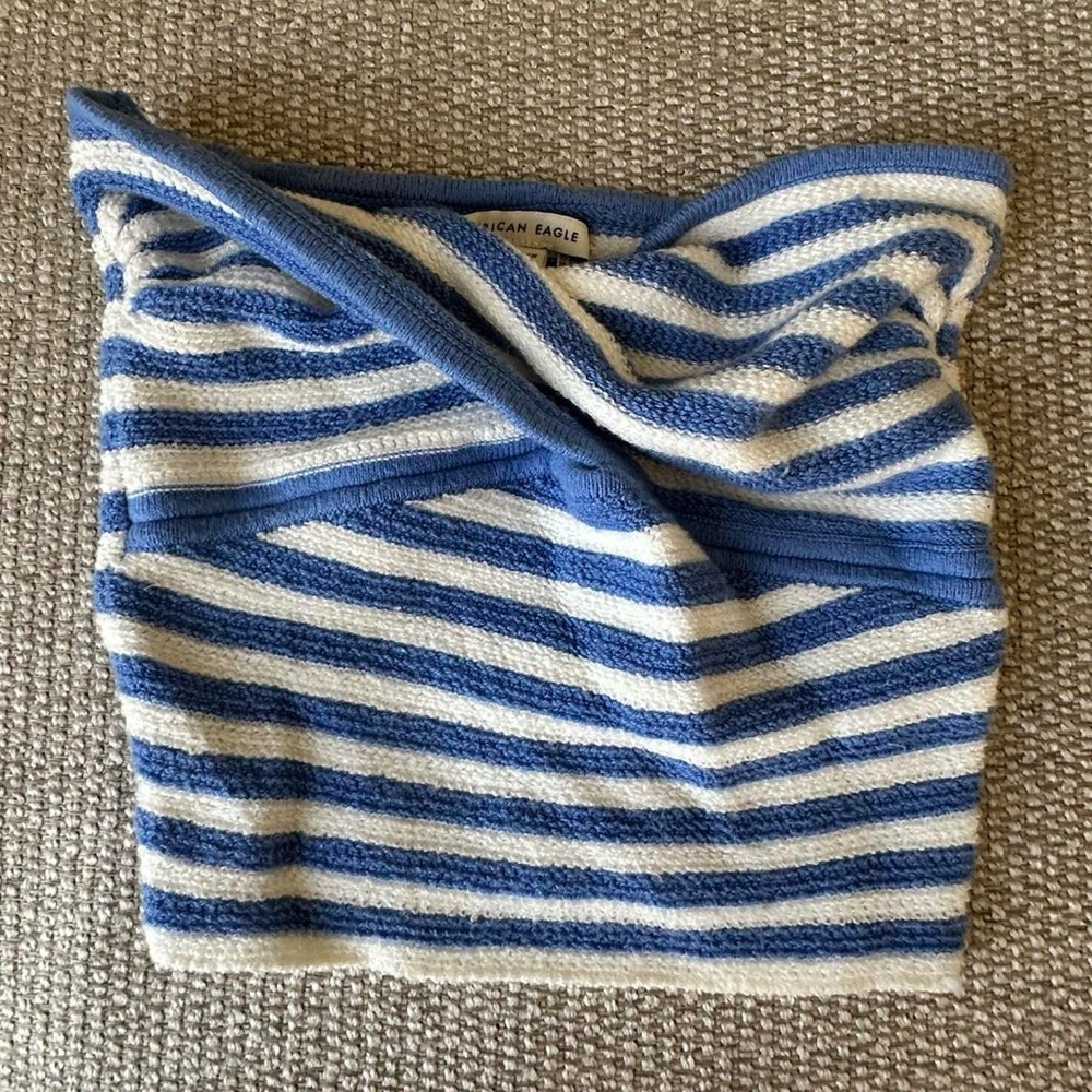American Eagle Blue and White Striped Knit Tube Top